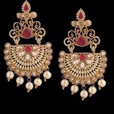 Gold Rodium Polish Red and Maroon, White and Off White color Earrings in Brass studded with CZ Diamond, Pearl Traditional Red Pearl Earrings For Party, Red Pearl Drop Earrings For Festive Occasions, Festive Red Pearl Drop Earrings, Red Pearl Earrings For Celebration, Red Pearl Earrings For Party, Celebration Red Pearl Earrings, Red Dangle Pearl Earrings For Festive Occasions, Red Chandbali Bridal Earrings For Pierced Ears, Traditional Red Dangle Pearl Earrings