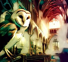 an owl sitting on top of a table in front of a building with stained glass windows