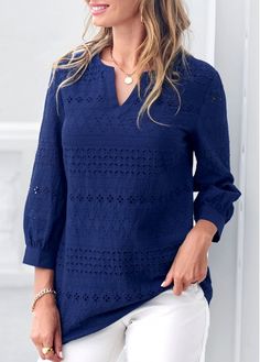 #splitneck #lace #hem #stylish #navyblue #embroidered #stylishblouse #3/4sleeve #partyblouse #tunic #lacetunic Three Quarter Sleeve Blouses, Party Blouse, Navy Blue Blouse, Blue Color Schemes, Blue Jumpsuits, Stylish Blouse, Long Dress Casual, Bride Clothes, Blue Outfit