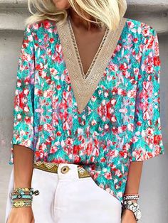 V Neck Casual Random Print Blouses | zolucky Website Clothing, Loose Tunic, Tops For Women Casual, Lace Outfit, Summer Hot, Washing Liquid, Lace Print, Casual Tops For Women, Women Shirts Blouse