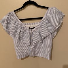 Zara Trf Collection Crop Top Blouse! So Cute- Nwt Never Worn. Ruffle Sleeves And Button Closures All The Way Down. Blue And White Stripes. White Button-up Crop Top For Summer, Striped Tops With Button Closure For Summer, Zara Summer Blouse With Buttons, Zara Summer Blouse With Button Closure, Chic Zara Tops With Buttons, White Buttoned Crop Top For Spring, Zara White Top With Buttons, Zara Striped V-neck Tops, White Casual Crop Top With Buttons