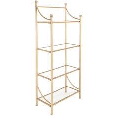 a gold metal shelf with glass shelves on each side and an arched design at the top