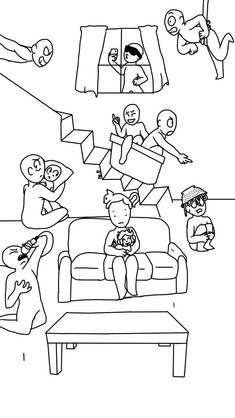 a black and white drawing of people in a living room with one person on the couch