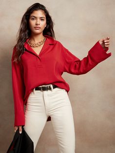 Petite Oversized Popover Polo | Banana Republic Red Polo Shirt Outfit Women's, Red Polo Shirt Outfit, Polo Shirt Outfit Women's, Local Cafe, Polo Shirt Outfits, Polo Outfit, Button Up Shirt Womens, Greek Isles, Red Polo Shirt