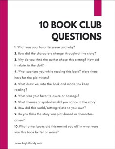 a book club question card with the words 10 book club questions on it and an image of