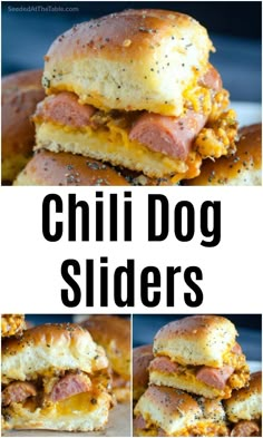 grilled chili dog sliders with cheese and meat on them are the perfect appetizer for hot dogs