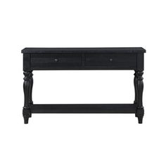 a black console table with two drawers on one side and an open drawer on the other