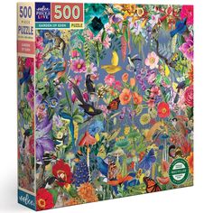 the puzzle box is filled with colorful flowers and butterflies, all in different colors on a blue background