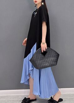 Women Blue O-neck Asymmetric Patchwork Dress Short Sleeve Elegant Asymmetrical Patchwork Dress, Casual Blue Asymmetrical Dress, Blue Patchwork Maxi Dress With Short Sleeves, Blue Patchwork Midi Dress With Short Sleeves, Blue Asymmetrical Skirt Dresses For Spring, Chic Blue Patchwork Midi Dress, Blue Asymmetrical Casual Maxi Dress, Casual Blue Asymmetrical Maxi Dress, Blue Asymmetrical Maxi Dress