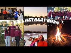 a collage of photos with people around a campfire