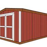 a red shed with white trim on the side and windows above it, in front of a white background