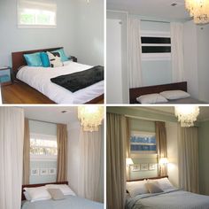 four different pictures of a bedroom with bed, chandelier, and window in it