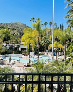 an outdoor swimming pool surrounded by palm trees and other greenery with mountains in the background