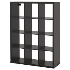 a black bookcase with four shelves on each side