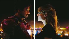 two images of a man and woman facing each other with city lights in the background