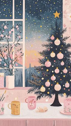 a painting of a christmas tree in front of a window with pink and gold decorations