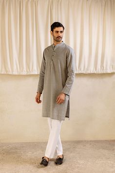 koala grey kurta, grey kurta for men, grey kurta with white pajama, grey kurta with white trouser, republic grey men kurta Koala, Cotton Blend, Square, Grey, White