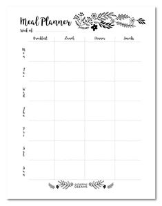 a printable meal planner with flowers and leaves on the top, in black and white