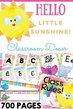 a poster with the words hello little sunshine and an image of a sun on it