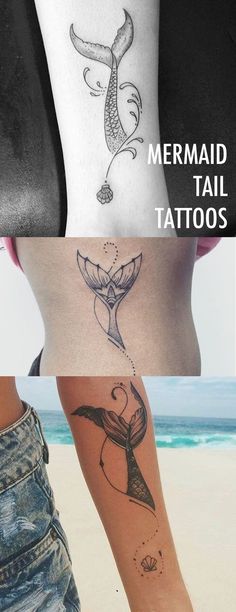 four different tattoos on the side of women's legs, one with a mermaid tail and