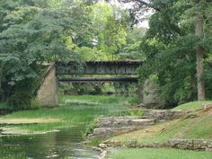 an old bridge over a small stream in the woods with grass and trees around it