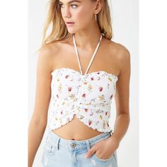 New With Tags. Forever 21. Smocked Floral Halter Top That Ties Around The Back Of The Neck. White With Red And Yellow Flowers. Size M. ***On The Second To Last Picture You Can See A Light Makeup Stain On The Top. It Is Hardly Noticeable And Probably From Someone Trying It On In The Store. It May Go Away Once Washed.*** If You Want More Pictures Or Certain Measurements Let Me Know And I’ll Be Happy To Provide Those :) Always Open To Offers! Trendy Smocked Back Top For Spring, Trendy Fitted Smocked Crop Top, Trendy Cotton Smocked Top For Brunch, Trendy Spring Tops With Smocked Back, Smocked Back Crop Top For Brunch, Spring Trendy Crop Top With Smocked Bodice, Trendy Cotton Crop Top With Smocked Back, Spring Cotton Crop Top Smocked, Spring Cotton Smocked Crop Top