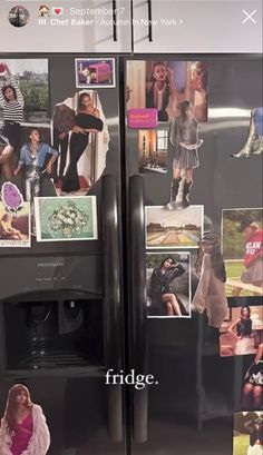 a refrigerator covered in pictures and magnets with the words fridge on it's side