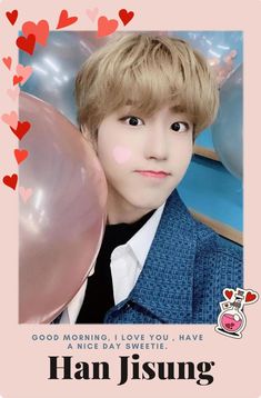 an image of han jisung with balloons and hearts in the background for valentine's day