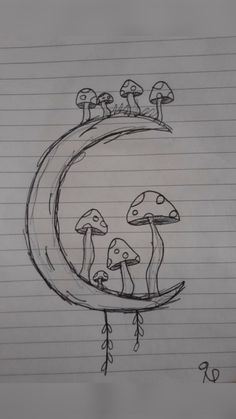 a drawing of mushrooms sitting on the moon