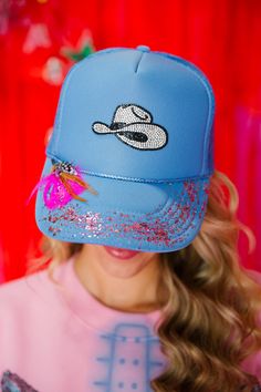 GROUPIE BLUE TRUCKER HAT LIMITED EDITION Judith March Default Title Blue Trucker Hat, Modern Cowgirl, Classic Cowboy, Hat Patch, Glitter Spray, Blues Guitar, Hat Patches, Cowboy Hat, Pink Glitter