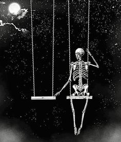 a skeleton sitting on a swing suspended by strings in the night sky with stars above