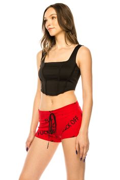 F*ck off shorts are both soft and stretchy, with a wide 2 inch elastic band and drawstring for a comfy fit. These shorts feature no shrinkage, and the model wearing the red shorts is 5'9" with measurements of 33-26-36, wearing a size small and the model wearing the black shorts is 5'9" 32-34-36 and is also wearing a size small. Available in RED or BLACK Size Chart MADE IN THE U.S.A.🇺🇸 FAST SHIPPING Our guarantee to you: If you are not 100% satisfied with your purchase, you can return your orde Casual Red Stretch Pajama Shorts, Casual Short Crop Top For Workout, Short Length Red Cotton Tops, Red Athletic Shorts For Loungewear, Trendy Drawstring Shorts, Red Short Tops For Summer, Red Short Summer Tops, Red Short-sleeved Summer Tops, Short Red Summer Tops