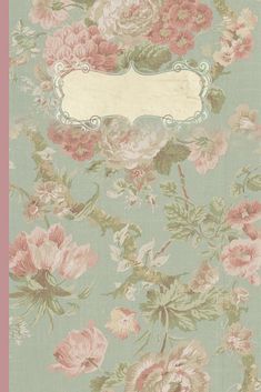 an old fashioned wallpaper with pink flowers on blue and green background, with a white label in the middle