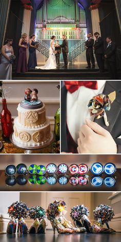 a collage of wedding photos with the bride and groom in front of an organ