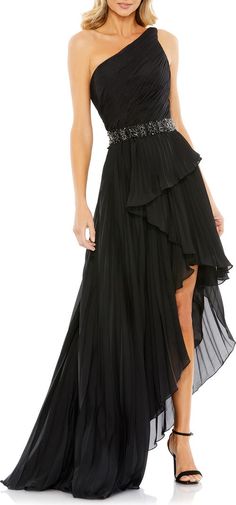 Mac Duggal Ruffle Pleated One-Shoulder High-Low Gown | Nordstrom Green Evening Gowns, Georgette Gown, High Low Gown, Ruffle Gown, Sheath Gown, Prom Long, Mac Duggal Dresses, Unique Prom Dresses, Chiffon Fashion