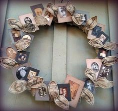 a wreath made out of old photo frames