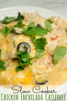 slow cooker chicken enchilada casserole with parsley on top