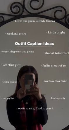 a woman taking a selfie in front of a mirror with the caption's description below