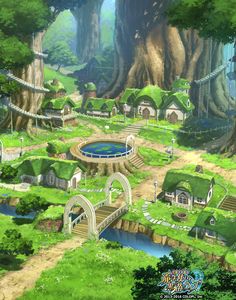 an image of a fantasy land with trees and houses in the middle, surrounded by green grass