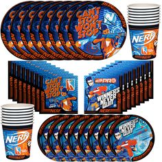 nerf party supplies including cups, plates and napkins