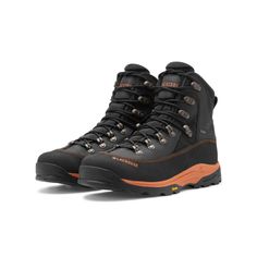 a pair of black and orange hiking boots