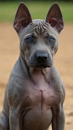 a hairless dog sitting on top of a dirt field