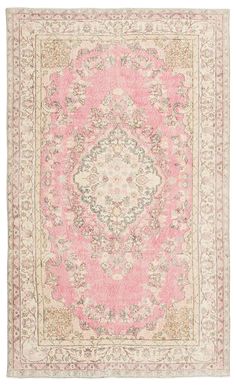 One-of-a-kind vintage rug, hand-knotted in Isparta, Turkey. 100% wool pile on cotton foundation. Dimensions: 5'6" x 9'4" (168 cm x 285 cm). Color palette: dark dusty rose pink, warm vanilla beige, sandstone, slate gray Rug Vintage, Rug Pink, Pink And White Rug, Vintage Colors Palette, Pink Vintage Room, Vintage Rug, Vintage Pink Rug, Persian Rug Pink, Pink Persian Rug