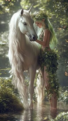 a white horse standing next to a woman with green hair and flowers on her head