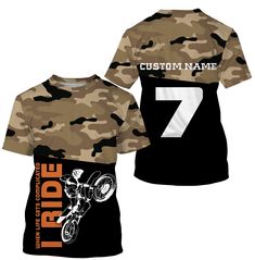 a camo shirt with the number 7 on it and an image of a dirt bike rider