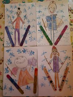 four children's drawings on paper with crayons and pencils in them