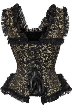 Overbust corset made of high quality brocade and lace fabrics 10 Spiral Steel boned with 2 Flat steel bones Delicate lace detailing Ribbon tie closure at back for cinching Privacy Panel Lined Hand Wash Luxury Lace Trim Overbust Corset, Elegant Black Corset With Lace Trim, Gothic Lace Corset With Corset Back, Black Lace Overbust Corset, Black Overbust Corset With Lace Trim, Waist Cincher Corset, Steel Boned Corsets, Striped Shoes, Light Up Shoes