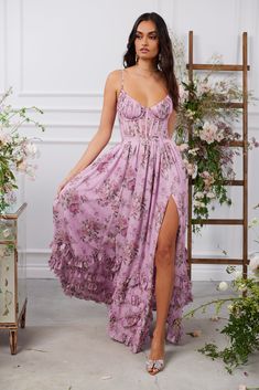 The Carmen Dress in Lilac Tapestry Rose Caterina Dress, V Chapman, Subtle Layers, Light Purple Background, Carmen Dress, Corset Gown, Vintage Silhouette, Rosy Pink, Purple Background