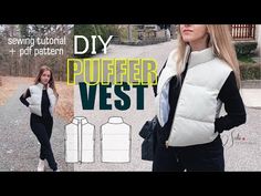 a woman wearing a white vest and black pants with the words, diy puffer vest