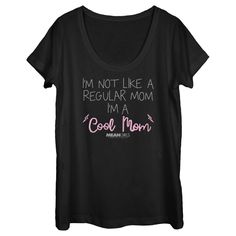 You can't sit with us... unless you're wearing a cool officially licensed Mean Girls I'm Not Like a Regular Mom Embroidery Pattern Women's Graphic Scoop Neck T-Shirt! This fun tee reads the iconic quote from the film: "I'm Not Like a Regular Mom I'm a Cool Mom" printed in a cool embroidery style across the front. Shop this new Mean Girls apparel this Mother's Day and make mom laugh with her favorite characters, popular quotes, hilarious moments, and more. Black T-shirt With Funny Text For Mother's Day, Cute Black T-shirt For Mother's Day, Cool Black Slogan Tops, Cool Black Tops With Slogan, Funny Black T-shirt For Mother's Day, Cute Black T-shirt With Funny Text, Casual Black T-shirt For Mother's Day, Relaxed Fit Black Top For Mother's Day, Black Cotton Tops For Mother's Day